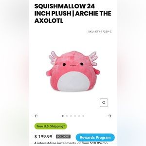 Squishmallow 24 Inch Hot Pink Archie the Axolotl